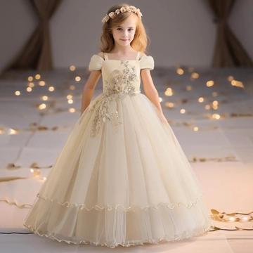 Arany flitteres virágos hímzett pezsgő színű hercegnős kislány alkalmi ruha esküvőre