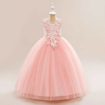 Barack/rózsaszín hercegnős virágos hímzett elöl-hátul masnis tüllös kislány alkalmi ruha koszorúslány ruha