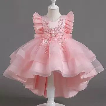 Barack/rózsaszín virágos hímzett gyöngyökkel diszített fodros masnis kislány alkalmi ruha koszorúslány ruha