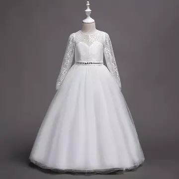 Fehér derekán kövecskékkel diszített maxi kislány alkalmi ruha elsőáldozó ruha