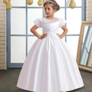 Fehér szatén elegáns rövid ujjú masnis kislány alkalmi ruha elsőáldozó ruha