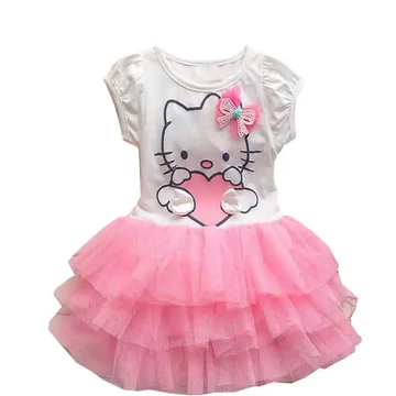 Hello Kitty fehér/rózsaszín pamut fodros tüll szoknyás hímzett kislány ruha