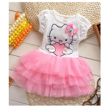 Sanrio Hello Kitty fehér/rózsaszín pamut fodros tüll szoknyás hímzett kislány ruha
