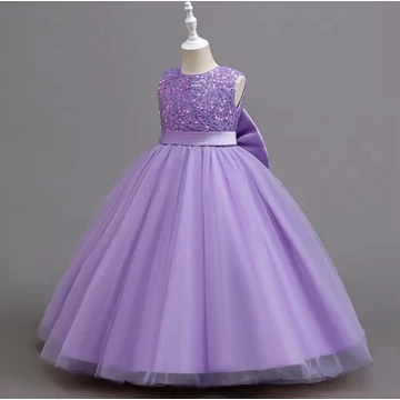 Lila flitteres hátul kivágott  tüllszoknyás nagy masnis hercegnős alkalmi ruha karácsonyra