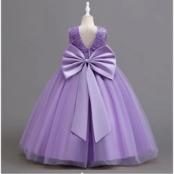 Lila flitteres hátul kivágott  tüllszoknyás nagy masnis hercegnős alkalmi ruha karácsonyra