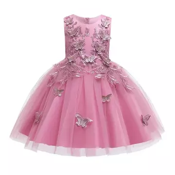 Sötét rózsaszín pillangós virágos hímzett mansis tüllös aljú kislány alkalmi ruha