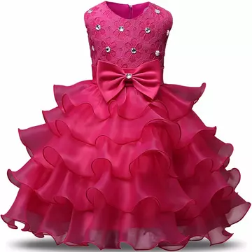 Pink színű sok fodros masnis  csipkés kövecskékkel díszített kislány alkalmi ruha