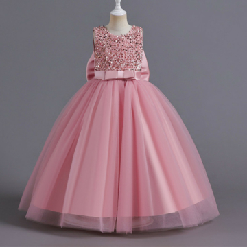 Rózsaszín/mályva színű flitteres dupla masnis hátul kivágott kislány alkalmi ruha koszorúslány ruha