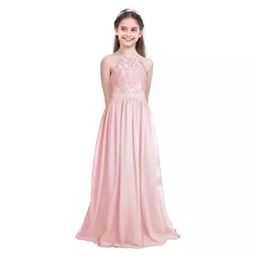 Rózsaszín csipkés sifon pántos  kislány alkalmi ruha koszorúslány ruha esküvőre