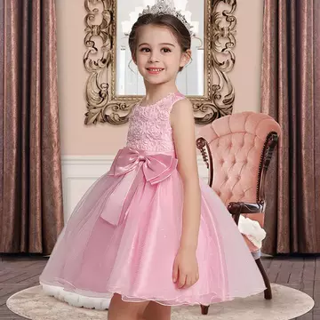 Rózsaszín hímzett virágos csillogós tüll szoknyás kislány alkalmi ruha koszorúslány ruha