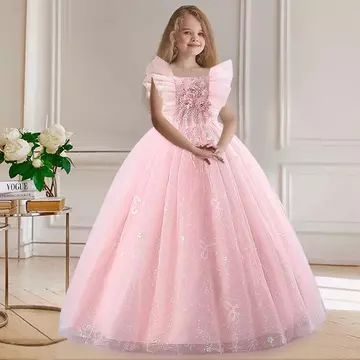 Rózsaszín virágos flitteres legyező ujjú kislány alkalmi ruha koszorúslány ruha esküvőre