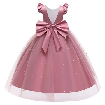 Sötét rózsaszín hercegnős felsőrésze szatén fodros ujjú többrétegű tüll szoknyás kislány alkalmi ruha koszorúslány ruha