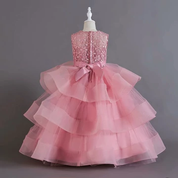 Sötét rózsaszín horgolt csipkés kövecskékkel díszített fodros kislány hercegnős ruha