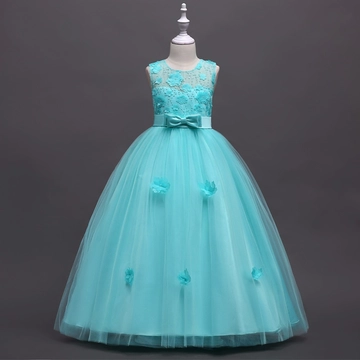 Menta színű maxi hímzett virágos tüll szoknyás masnis kislány alkalmi ruha koszorúslány ruha esküvőre