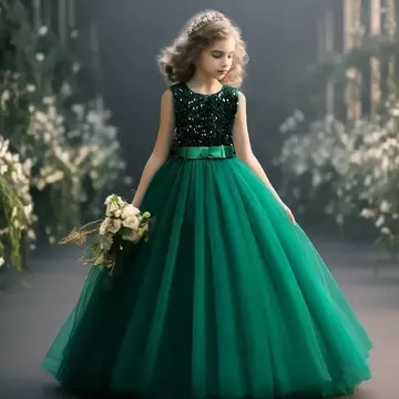 Zöld színű flitteres dupla masnis tüll szoknyás kislány alkalmi ruha koszorúslány ruha esküvőre