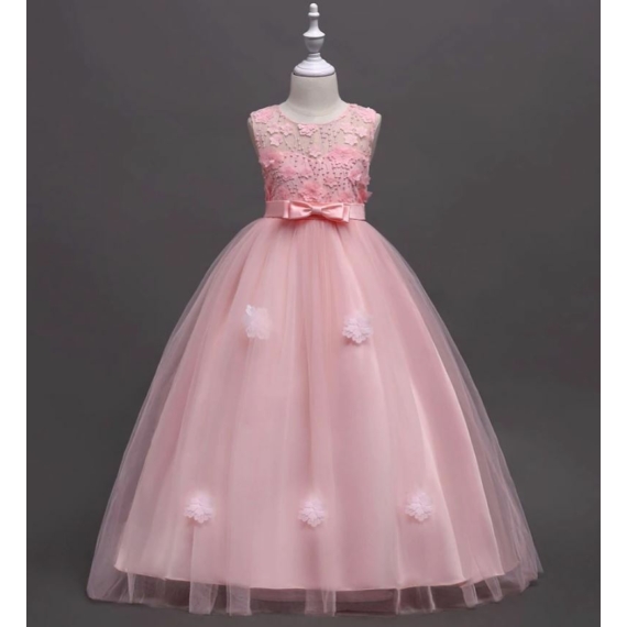 Rózsaszín virágos hímzett maxi tüllös ruha
