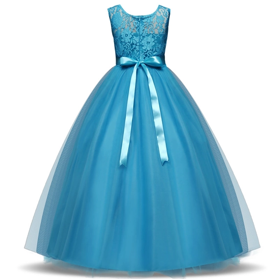 Kék színű csipkés tüllös kislány alkalmi ruha koszorúslány ruha