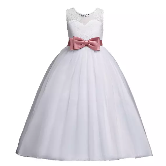 Fehér rózsaszín masnis kövecskés gyöngyös tüllös maxi hercegnős kislány ruha