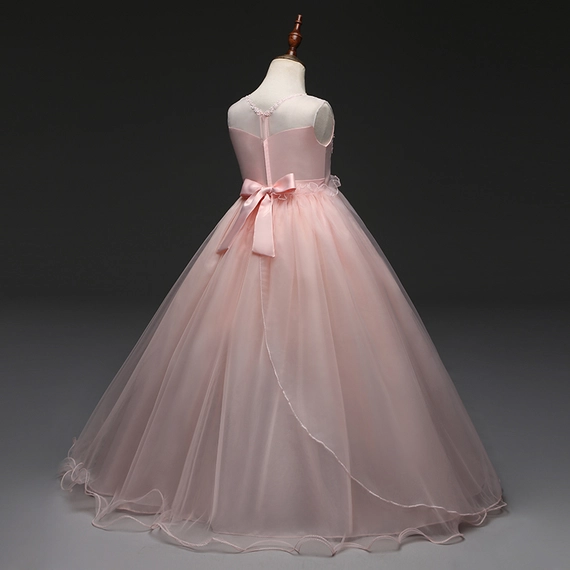 Rózsaszín virágos hímzett kövecskés kislány alkalmi ruha koszorúslány ruha esküvőre