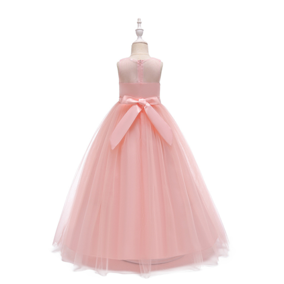 Rózsaszín virágos hímzett tüll szoknyás kislány alkalmi ruha koszorúslány ruha esküvőre