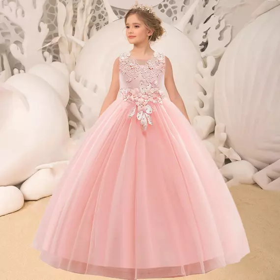 Barack/rózsaszín hercegnős virágos hímzett elöl-hátul masnis tüllös kislány alkalmi ruha koszorúslány ruha