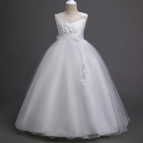 Fehér virágos kövecskés masnis tüll szoknyás kislány alkalmi ruha elsőáldozó ruha
