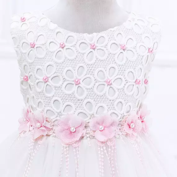 Fehér/rózsaszín virágos hímzett gyöngyös tüllös masnis kislány alkalmi ruha