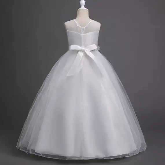 Fehér virágos kövecskés masnis tüll szoknyás maxi kislány alkalmi ruha elsőáldozó ruha