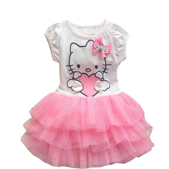 Hello Kitty fehér/rózsaszín pamut fodros tüll szoknyás hímzett kislány ruha