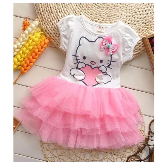 Hello Kitty fehér/rózsaszín pamut fodros tüll szoknyás hímzett kislány ruha