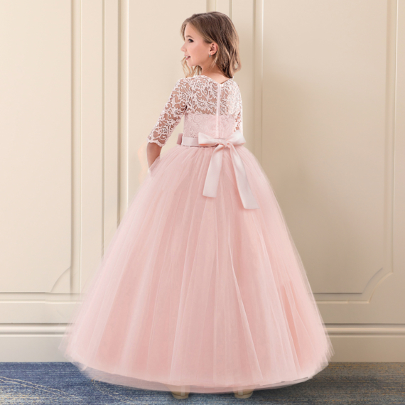 Rózsaszín csipkés 3/4-es ujjú tüll szoknyás kislány alkalmi ruha koszorúslány ruha esküvőre