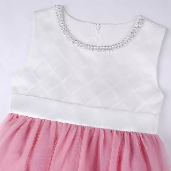 Fehér/Sötét rózsaszin gyöngyös virágos flitteres hímzett tüllös masnis kislány alkalmi ruha koszorúslány ruha