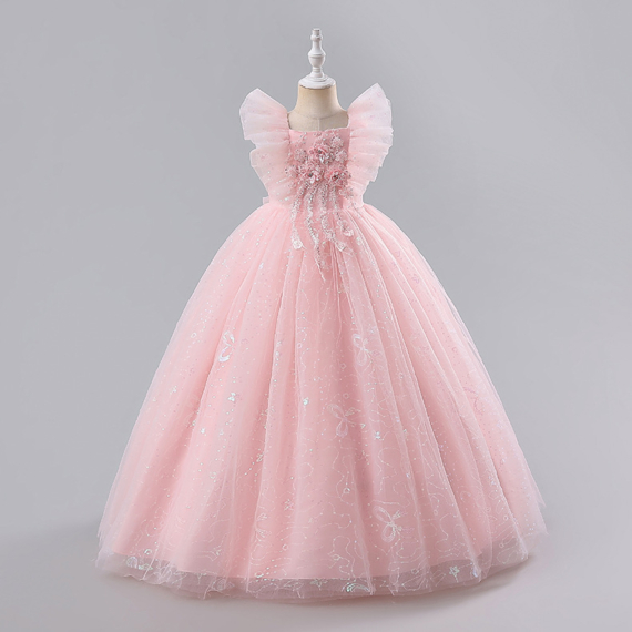 Rózsaszín virágos flitteres legyező ujjú kislány alkalmi ruha koszorúslány ruha esküvőre