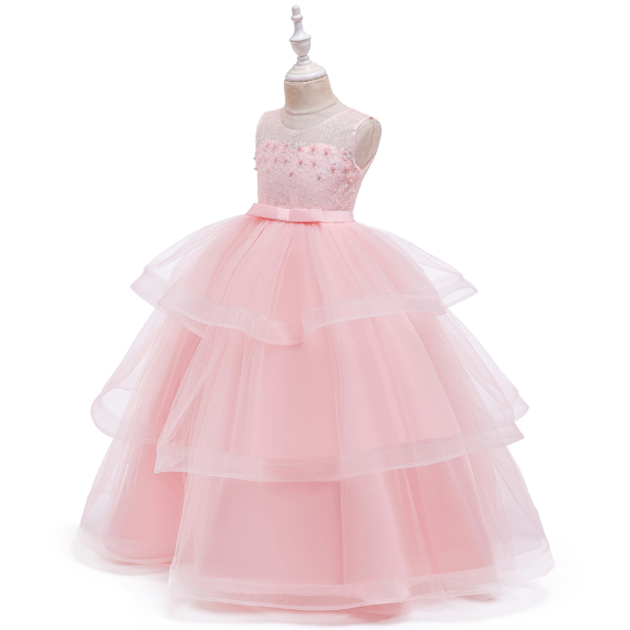 Rózsaszín fodros gyöngyös hímzett hosszú kislány alkalmi ruha koszorúslány ruha