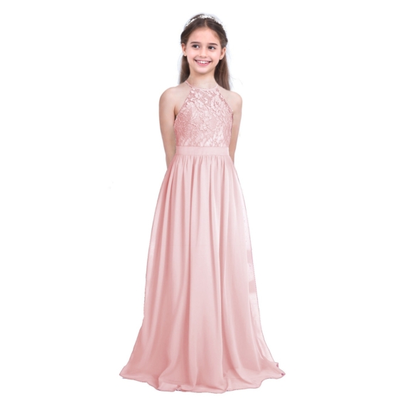 Rózsaszín csipkés sifon pántos hátul nyitott kislány alkalmi ruha koszorúslány ruha esküvőre