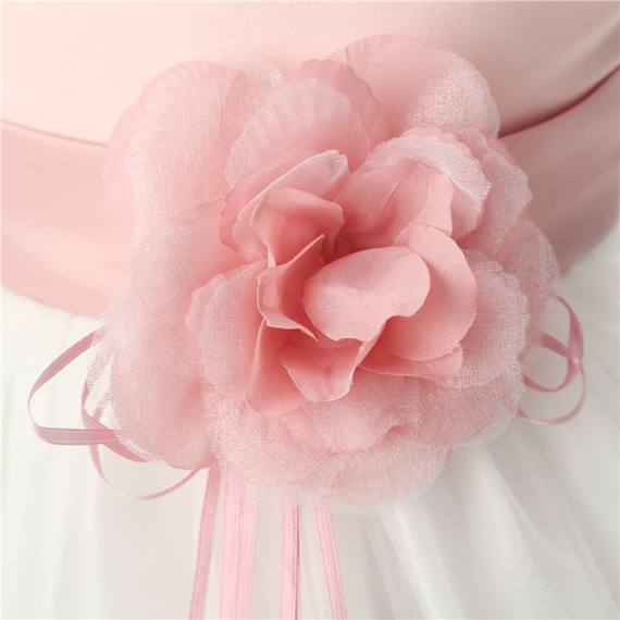 Rózsaszín fehér virágszirmos masnis tüll szoknyás kislány alkalmi ruha koszorúslány ruha esküvőre