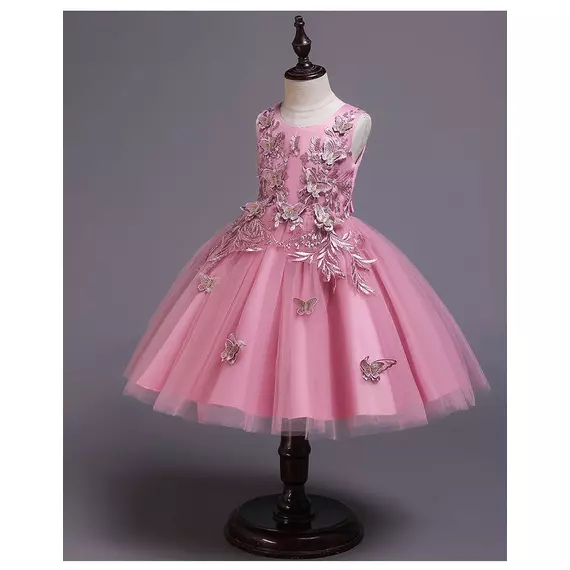 Sötét rózsaszín pillangós virágos hímzett mansis tüllös aljú kislány alkalmi ruha