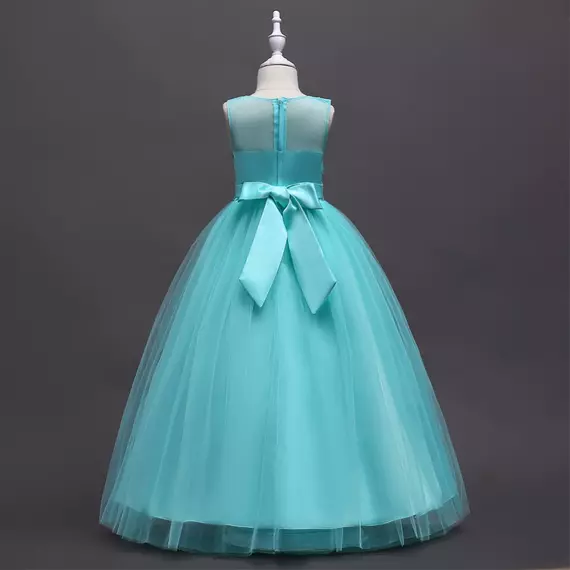 Menta színű maxi hímzett virágos tüll szoknyás masnis kislány alkalmi ruha koszorúslány ruha esküvőre