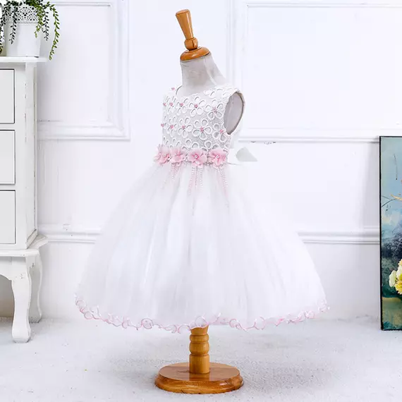 Fehér/rózsaszín virágos hímzett gyöngyös tüllös masnis kislány alkalmi ruha