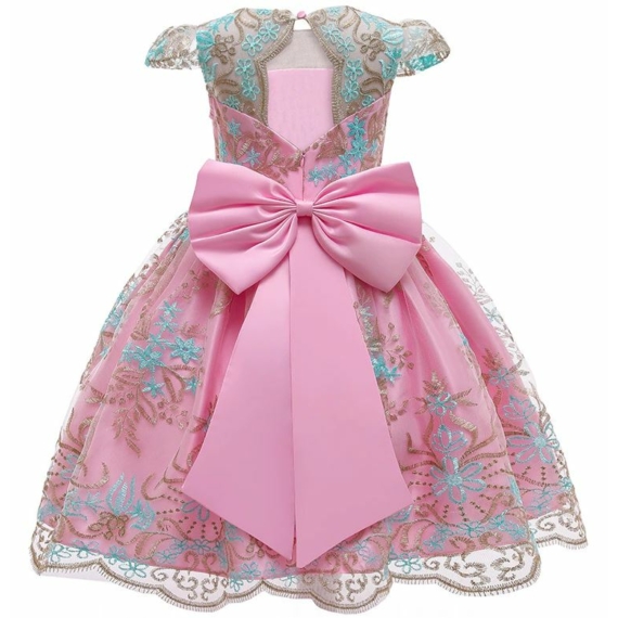 Hímzett rózsaszín -kék színű hímzett csipkés kislány alkalmi ruha koszorúslány ruha