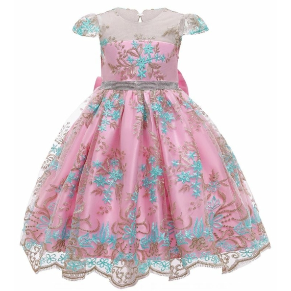 Hímzett rózsaszín -kék színű hímzett csipkés kislány alkalmi ruha koszorúslány ruha